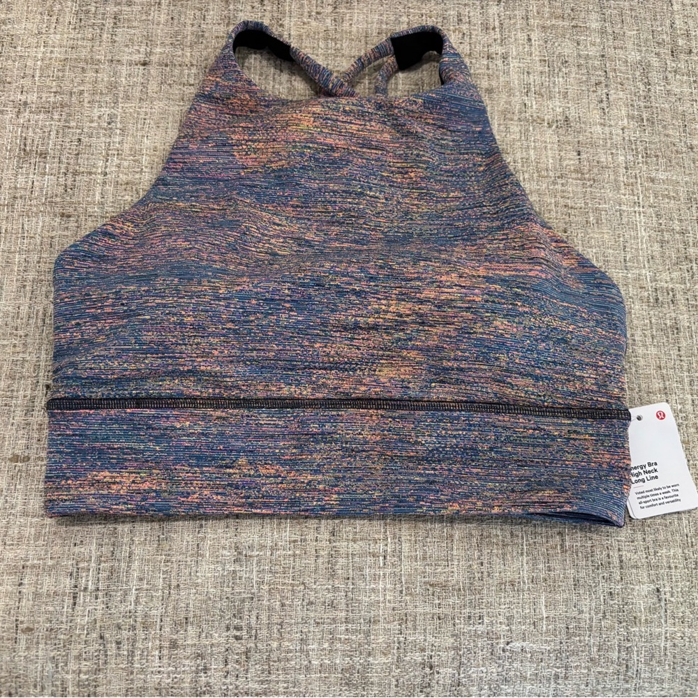Lululemon Energy High Neck Longline Multicolor Strappy Sports Bra NWT Size 8